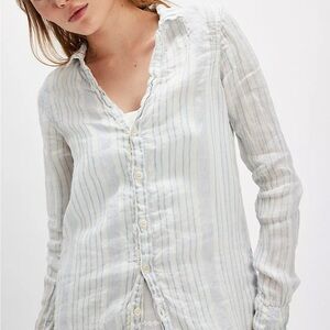 CP Shades Romy 100% Linen Top 1012-5251 Blue/White Striped Oversized High Low Sm